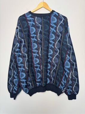 Vintage St. Croix Shop Men's Blue Patterned Knit Sweater Blue Abstract Retro